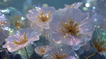 Fortress of glass flowers suspended in the air, shimmering with reflected light