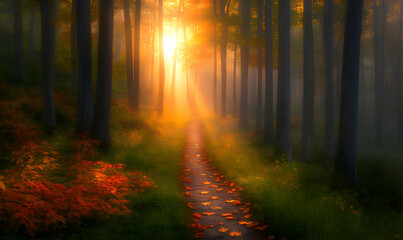 Fototapeta premium Magical autumn forest path at sunrise, sunbeams through trees, leaves on path, mystical atmosphere.
