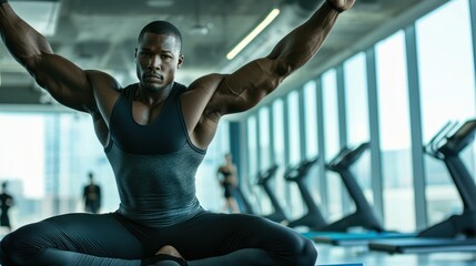 A fitness trainer demonstrating an exercise in a modern gym.