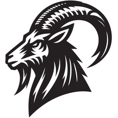 Fierce Tribal Mountain Goat Head Logo in Black and White – Aggressive Ram Horn Design for Sports Teams, Outdoor Apparel, Tattoo Art, and Branding Use.