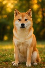 Shiba Inu Sitting on Grass During Golden Hour
