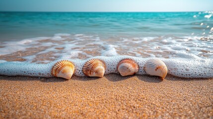 Obraz premium Shells on Sandy Beach With Gentle Waves and Clear Blue Water