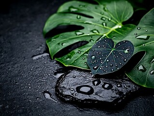 Dark stones with tropical leaves and water droplets