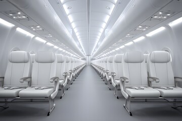Fototapeta premium Airplane mockup interior with rows of white seats designed for modern air travel comfort