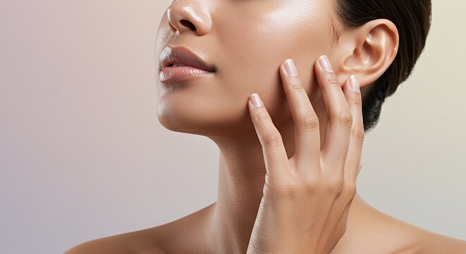 Radiant Fair Skinned Woman Gently Touching Face in Pastel Gradient Background Beauty and Skincare Concept