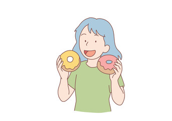 Woman eats high-calorie buns covered with sugar icing enjoying donuts from fast food restaurants. Hand drawn style vector design illustrations. 