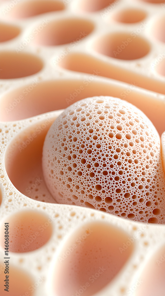 Poster close-up of peach-colored dense foam texture with microbubbles and matte surface