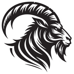 Fierce Tribal Mountain Goat Head Logo in Black and White – Aggressive Ram Horn Design for Sports Teams, Outdoor Apparel, Tattoo Art, and Branding Use.