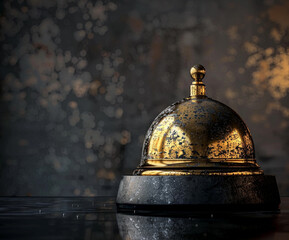 Elegant close-up of a vintage golden hotel bell on a black base, isolated with soft lighting. Perfect for luxury hospitality, travel branding, and editorial content.