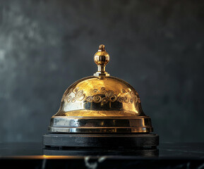 Golden antique-style service bell placed on a polished dark surface with soft reflections. Great for timeless hospitality visuals, branding, editorial, and promotional use.