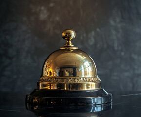 A classic golden reception bell with vintage carvings on a black base, photographed with soft focus and artistic reflections. Perfect for hospitality-themed advertisements and editorial visuals.