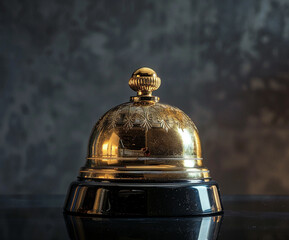 Golden antique-style service bell placed on a polished dark surface with soft reflections. Great for timeless hospitality visuals, branding, editorial, and promotional use.