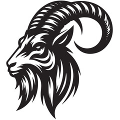 Fierce Tribal Mountain Goat Head Logo in Black and White – Aggressive Ram Horn Design for Sports Teams, Outdoor Apparel, Tattoo Art, and Branding Use.