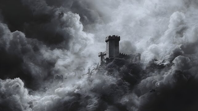 Shadow-cloaked fortress of smoke emerges from valley mist, threatening ancient realms with inescapable silent dread