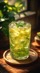 Fototapeta premium Refreshing iced beverage with vibrant mint leaves.