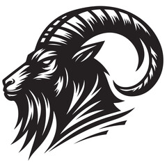 Fierce Tribal Mountain Goat Head Logo in Black and White – Aggressive Ram Horn Design for Sports Teams, Outdoor Apparel, Tattoo Art, and Branding Use.