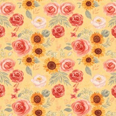 Warm Watercolor Floral Pattern: Sunflowers & Roses AI Generated