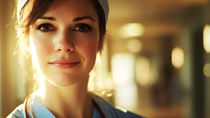 Fototapeta premium Nurse's Face with Compassionate Expression: A nurse's face, showing compassion and care, in a softly lit hospital setting. 