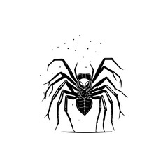 Intricate black and white spider drawing with alien-like head design displayed