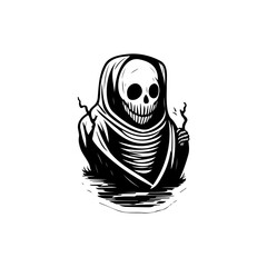 Sinister shrouded figure, unsettling monochrome skull illustration, evocative depiction