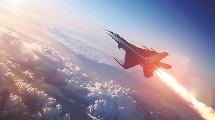 A high-speed jet fighter streaking across the sky, launching a missile at a distant target.