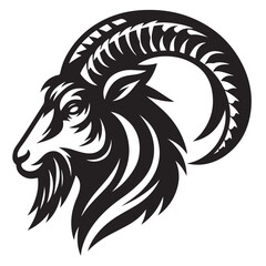 Fierce Tribal Mountain Goat Head Logo in Black and White – Aggressive Ram Horn Design for Sports Teams, Outdoor Apparel, Tattoo Art, and Branding Use.