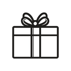 Minimalist Gift Box Icon with Bow, Bold Black Outline on Transparent Background