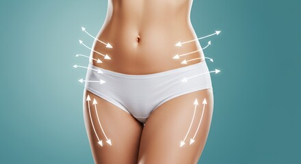 Close Up of a Womans Torso and Upper Thighs in White Underwear with Glowing Abstract White Energy Lines on Soft Gradient Teal Background