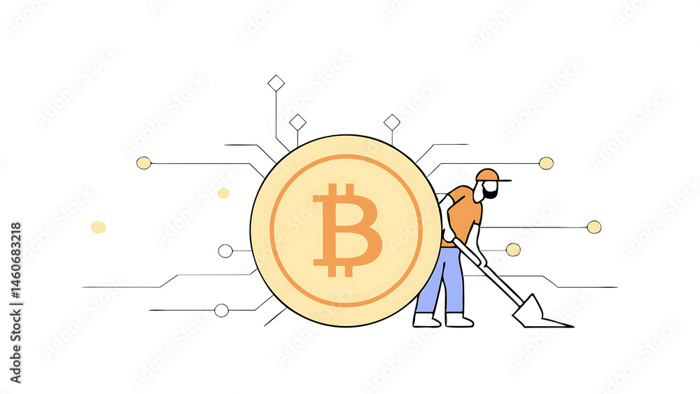 Poster bitcoin mining miniature worker small figure holding mattock digging on shiny golden bitcoin crypto 