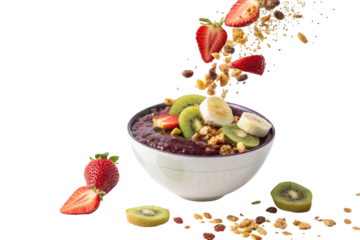 A white bowl holds a delicious and fresh fruit salad with red strawberries, a healthy sweet snack or dessert