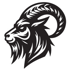 Fierce Tribal Mountain Goat Head Logo in Black and White – Aggressive Ram Horn Design for Sports Teams, Outdoor Apparel, Tattoo Art, and Branding Use.