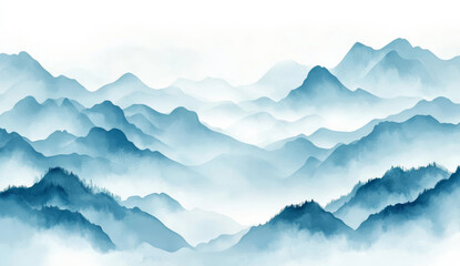 serene and abstract watercolor landscape featuring misty blue mountains, creating calming atmosphere with soft gradients and layers of depth
