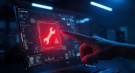 Touching Wrench Icon on Laptop Display for Maintenance or Settings