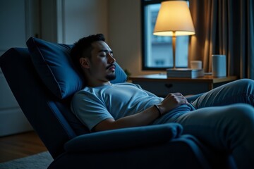 Fototapeta premium A relaxed man rests comfortably in a modern recliner at night.
