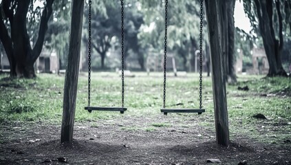 Empty swings in a park on a gloomy day  Two wooden swing sets with chains, positioned in a park with overgrown grass and trees, enveloped in a muted light