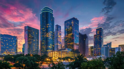 Obraz premium Skyscrapers with a colorful sky at dusk, reflecting city lights on the glass windows.