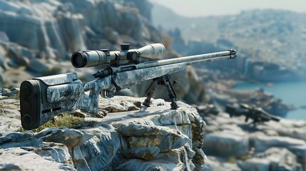 A high-tech sniper rifle positioned on a rocky cliff, aimed at a distant enemy camp.