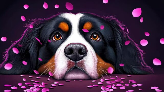 Bernese mountain dog resting with flowers