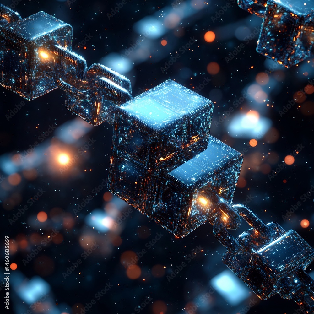 Poster futuristic blockchain visualization with interconnected luminous cubic blocks