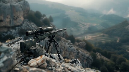 A high-tech sniper rifle positioned on a rocky cliff, aimed at a distant enemy camp.