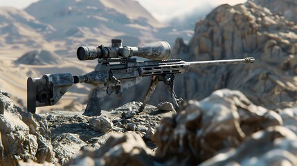 A high-tech sniper rifle positioned on a rocky cliff, aimed at a distant enemy camp.