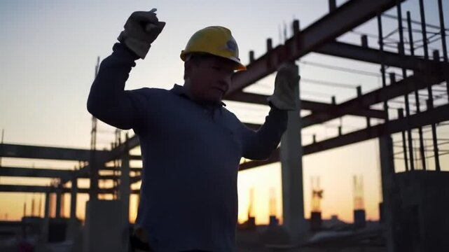 Side profile of muscular construction worker in helmet standing at a work site during golden hour