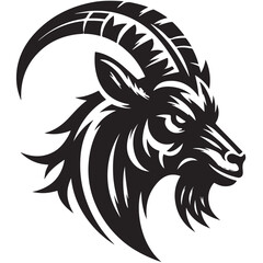 Fierce Tribal Mountain Goat Head Logo in Black and White – Aggressive Ram Horn Design for Sports Teams, Outdoor Apparel, Tattoo Art, and Branding Use.