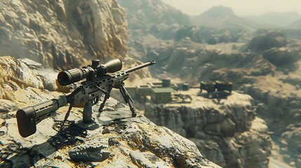 A high-tech sniper rifle positioned on a rocky cliff, aimed at a distant enemy camp.