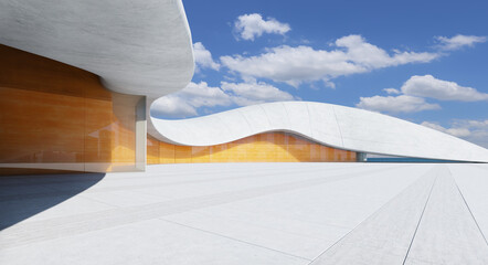 3D rendering Modern building with curved concrete roof and orange glass facade under blue sky