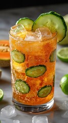 Refreshing beverage garnished with cucumber and melon.