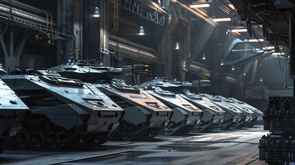A row of advanced combat vehicles parked in a fortified military base.