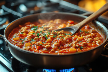 "Steaming pan of chicken and vegetable stew cooking on stove."