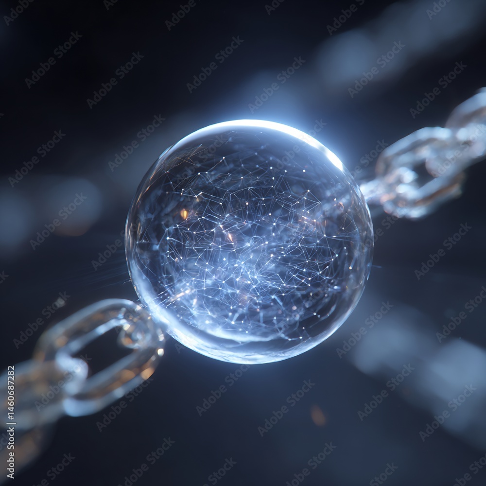 Poster abstract interconnected network in transparent sphere linked by metallic chain