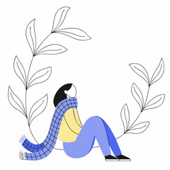 A simple, stylized illustration of a woman sitting thoughtfully outdoors, wrapped in a plaid scarf, surrounded by delicate, leaf-like foliage.